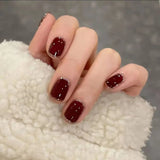 Qfdian 24Pcs Glitter Wine Red Solid Color Fake Nails Press on Short Round False Nails Finished Detachable Wearable Full Cover Nail Tips