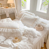 Qfdian 4/6Pcs White Pink 100% Cotton Princess Wedding Bedding Set Three Layers White Chiffon Lace Duvet Cover Set Bed Skirt Pillowcases