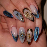Qfdian  24pcs Smudging Blue False Nails Gentle Almond Gold Star Patterns Press On Nails Romantic Wearable Fake Nail Spicy Girl Manicure