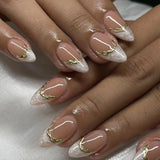 Qfdian 24Pcs Golden French Fake Nail with Almond Head Design Simple Oval False Nails Wearable Press on Nails Full Cover Nail Tips