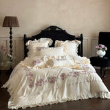 Qfdian Rose Flowers Embroidery Lace Ruffles Luxury Bedding Set 1000TC Egyptian Cotton Duvet Cover Set Flat/Fitted Bed Sheet Pillowcases