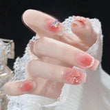 Qfdian 24Pcs Wearable Coffin Fake Nail Tips with Butterfly Camellia Designs Red Long Ballerina False Nails Press on Nails Art Manicure