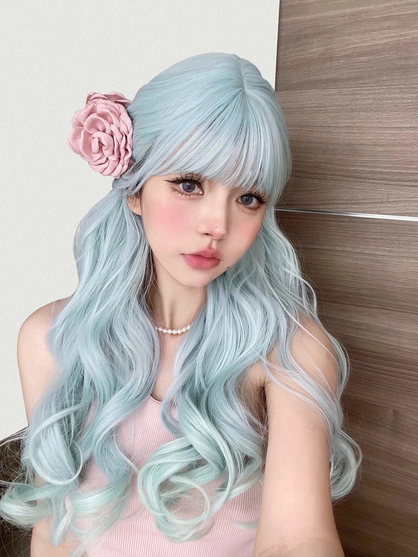 Qfdian 24Inch Sky Blue Refreshing Lolita Synthetic Wigs With Bang Long Natural Wavy Hair Wig For Women Daily Cosplay Heat Resistant