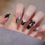Qfdian  Y2K Star Press on Nails Gradient Black Fake Nails Medium Length Square False Nails Moon Designs for Women Girls Party Daily Use