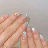 Qfdian  24pcs Milk Blue French Style Press On Nails Glitter Almond Cat's Eye Fake Nails With Bowknots Diamond Decor Charming False Nail