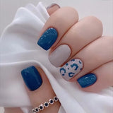 Qfdian  24pcs Blue Love False Nails Tips Datachable Fashion Short Ballet Press on Nails Art with Jelly Glue Simple Square Fake Nail Sets