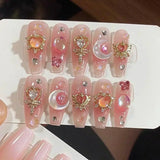 Qfdian  10Pcs Pink Coffin Handmade Press On Nails Moon Stars False Nails Sweet Bow Diamond Design Full Cover Ballet Fake Nails Press On