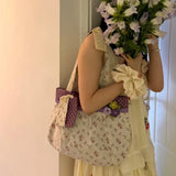 Qfdian Y2k Aesthetic Chic Flower Print Shoulder Bags Women Contrast Color Sweet Kawaii Dot Underarm Bag Fashion Cute Purse and Handbags