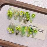 Qfdian  Eco-Friendly Resin Press-On Nails - Spring Floral Design with Pearls, Crystals & Metallic Accents, French Chic Style for Outings