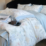 Qfdian Luxury Digital Printing Flowers and Plants Bedding Set Lyocell Eucalyptus Fiber Soft Silky Duvet Cover Bed Sheet Pillowcase 4Pcs