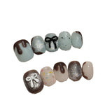 Qfdian 10Pcs Handmade Cute Press on Nails Short Chocolate Sweetheart Fake Nails With Bow Design Artifical False Wearable Nail Tips