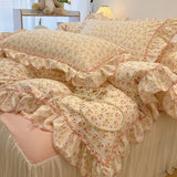 Qfdian 2/3Pc Korean Princess Style Floral Ruffles Bedding Set Single Queen Size Soft Skin-friendly Washed Cotton Duvet Cover Pillowcase
