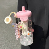 Qfdian  Cute Bow Flower Tea Glasses With Straw Bottle Cold Coffee Cups Women Glass Tumbler Juice Milk Tea Water Separation Drinkware Cup