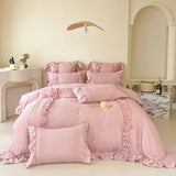 Qfdian  Korean Princess Style Lace Ruffles Bedding Set Solid Color Duvet Cover Set Flat/Fitted Bed Sheet Pillowcases With Pillowcases
