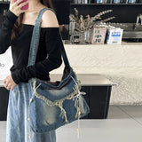 Qfdian Washed Denim Women Shoulder Bag Large Capacity Student Zipper Messager Handbags