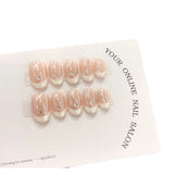 Qfdian 10pcs Handmade Oval Press On Nails Aurora French False Nails White Edge Rhinestone Design Nails Art Full Cover Wearable Manicure