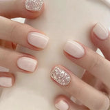 Qfdian 24Pcs Simple False Nails with Glue Short Almond Fake Nails Glitter Aurora Round Head Full Cover Nail Tips Oval Press on Nails