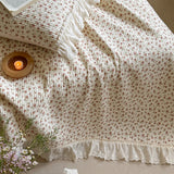 Qfdian 3/5Pcs Rose Floral Print Lace Ruffles Quilted Bedspread, Bed Cover, Mattress Topper Coverlet, Bed Sheet, With Pillowcases
