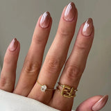 Qfdian  24Pcs Solid Color Grey Almond Fake Nail Cat's Eye Design Wearable Round Head False Nails with Shiny Powder Press on Nails
