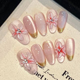 Qfdian  10pcs Glossy Pink Press On Nails Handmade Flash Cat's Eye False Nails 3D Flower Golden Edge Designs Fake Nail Tips For Women