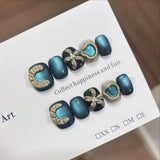 Qfdian  10Pcs Short Squoval False Nails with Mysterious Devil Eye Star Press on Nails Glitter Cat Eye Handmade Fake Nails Ins Spicy Girl