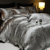Qfdian 4Pcs Champagne Silk Damask Jacquard Egyptian Cotton Patchwork Luxury Bedding Set Duvet Cover Flat/Fitted Bed Sheet Pillowcases
