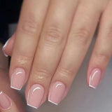 Qfdian 24Pcs Short Square Head Nails Set with Jelly Glue Simple White French Design False Nails Wearable Finished Press on Fake Nails