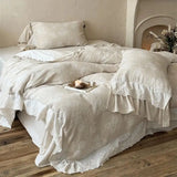 Qfdian  Vintage French Double Layer Lace Ruffles Linen Cotton Jacquard Bedding Set Duvet Cover Flat/Fitted Bed Sheet Pillowcases 4Pcs