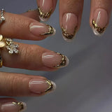 Qfdian 24Pcs Short Round Head Nails Set Press on Golden Edge French Design Fake Nails Tips Wearable Almond Full Cover False Nail Patch