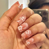 Qfdian  24pcs Glitter Short Square Fake Nails Sets Rhinestones French Design False Nail Tips Reusable Pink Press on Nails Tips Manicure