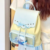 Qfdian Patchwork Contrast Color Zipper Bow Backpacks Fashion Sweet Kawaii Students Schoolbags Y2k Aesthetic Chic Transparent Schoolbags