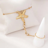 Qfdian  Bohemian Starfish Simulated-pearl Hand Chain Integrated Finger Ring Bracelet For Women's Beach Vacation Accessories