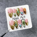 Qfdian  Opulent Press On Nails Pink Base Gold Feather Gem Decoration Gemstone Pearl Multiple Sizes Luxury Gold Feather Retro
