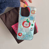 Qfdian Cute 3d red fruit puppy stand holder cover for iphone 15 pro max 13pro 14pro 15pro 12 14 13 summer shiny blue motting phone case