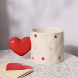 Qfdian Fine Ceramic Heart Coffee Cup Red Polka Dot Drinking Cup Afternoon Camellia Tea Coffee Mug Heart Shaped Breakfast Milk Mug Gift