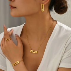 Thin Link Train Geometric Necklace Earring Ring Bracelet Jewelry Set Gold Plated Crystal Stone Jewelry Gift Set