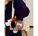 Qfdian Japanese Fluffy Cartoon Striped Dog Shoulder Bag Kawaii Sweet Fashion Women's Handbags Y2k Aesthetic Cute Crossbody Bags Trendy