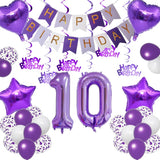 Qfdian  Purple White Foil Birthday Number Decorations Happy Birthday Banner Purple Happy Birthday Swirls Foil Heart Star Latex Balloons