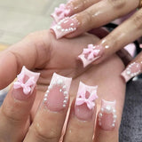 Qfdian 24Pcs Pure White French Press on Nails Long Square Head False Nails with Pearl Pink Bow Design Ballet Wearable Fake Nails