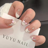 10Pcs Handmade Press On Nails Short Oval Glitter French Fake Nails Full Cover Pink 3D Bow Diamond  Design Wearable Nail Tips Art