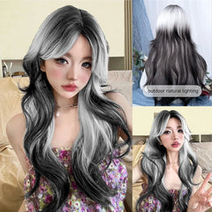 Qfdian 28Inch White Black Ombre Lolita Synthetic Wigs Middle Part Long Wavy Hair Wig for Women Cosplay Daily Use Cosplay Heat Resistant