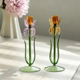 Qfdian  Modern Three-dimensional Iris Flower Glass Candle Holder Romantic Tall Feet Candlestick  Wedding Dinner Table Home Decoration