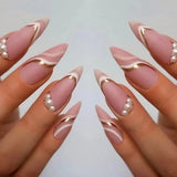 Qfdian 24Pcs Short Round Head False Nails Glitter Pink Almond Fake Nails Strawberry Full Cover Press on Nails Wearable Nail Tips