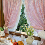 Qfdian  2 Pieces ,Pink Lattice Opaque Curtain with Ruffled Lace Drapes For Living Room,Princess Window Treatment for Daughters Bedroom