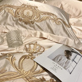 Qfdian Royal Golden Embroidery European Palace Luxury Bedding Set Champagne Brocade Egyptian Cotton Duvet Cover Bed Sheet Pillowcases