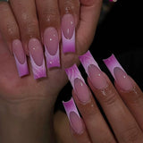 Qfdian 24Pcs Pure White French Press on Nails Long Square Head False Nails with Pearl Pink Bow Design Ballet Wearable Fake Nails