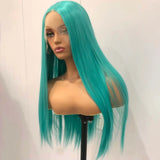 Qfdian Long Silky Straight Wig Synthetic Lace Front Wig Green Colored Lake Blue Hair Natural 13X4 Frontal Wigs for Women Party Cosplay