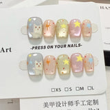 Qfdian  10pcs Colorful Star Wave Points Cat's Eye Press on Nails Cute Cat Manicure Wearable Nail for Women and Girls False Nail