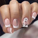 Qfdian 24Pcs Nude White French Fake Nail Short Square Nail Tips Fashion Wearable False Nails with Glue Simple Full Cover Press on Nails
