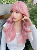 Qfdian 20Inch Peachy Pink Pretty Lolita Synthetic Wigs with Bang Medium Natural Wavy Hair for Women Daily Use Cosplay Heat Resistant